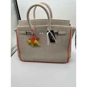 Eye Candy by Malibu Sugar Terry Cloth Tote Bag Beige Orange Satchel with Charm